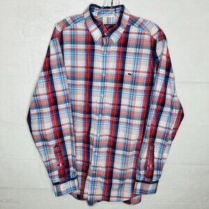 Vineyard Vines Slim Fit Whale Shirt Cotton Button-Down Plaid Sz L Red Blue White
